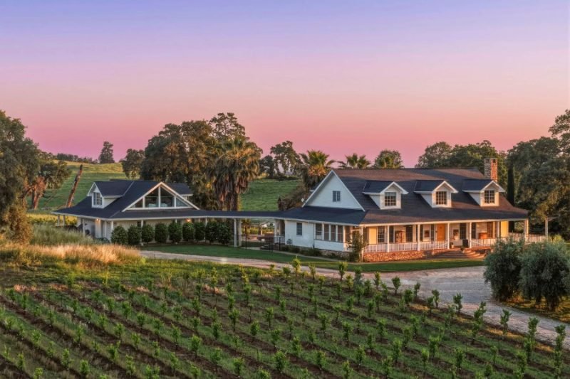 Farmhouse beside a vineyard at sunset