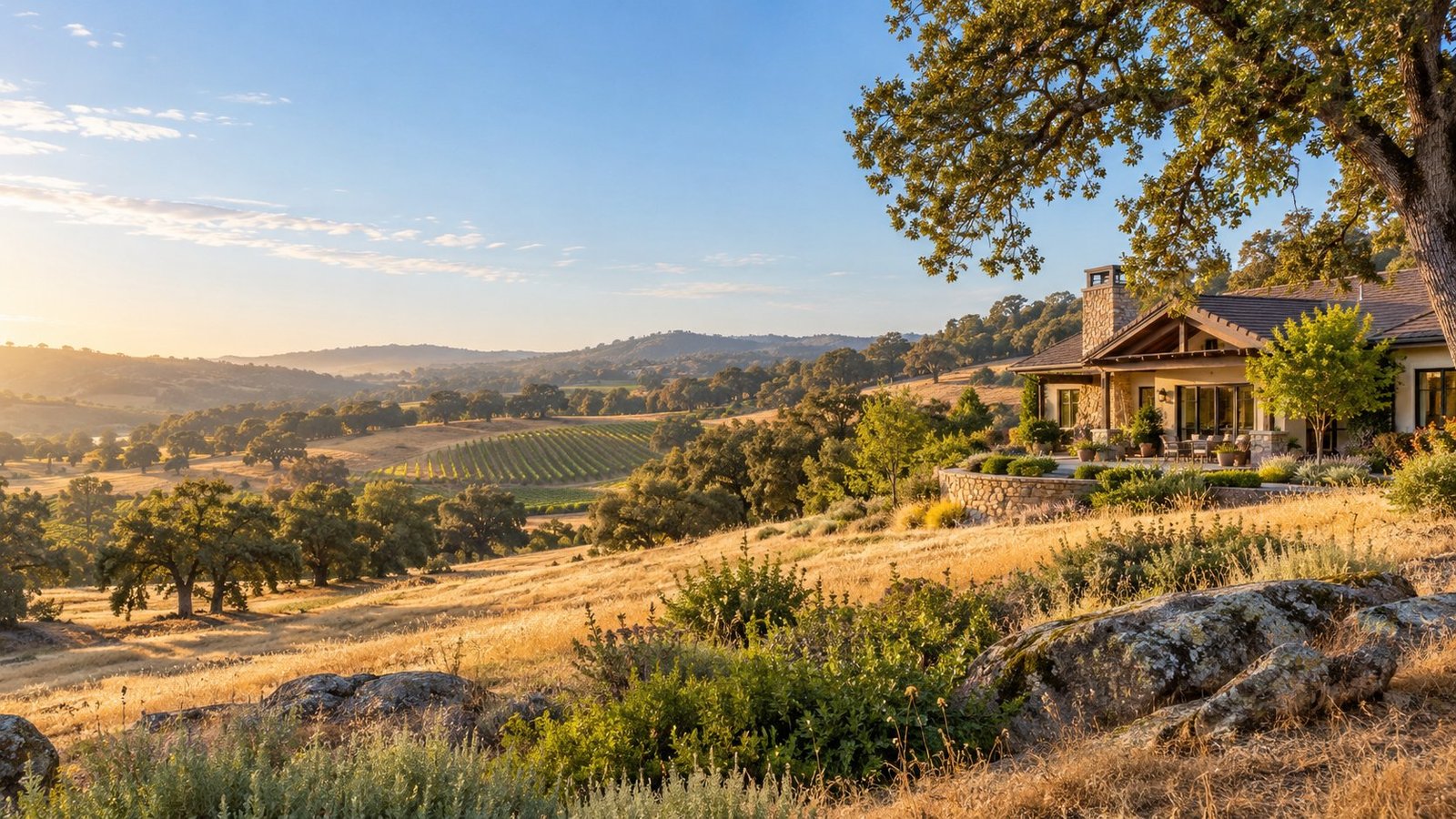 Oak-covered foothills, a vineyard, and a country home in Amador County, California